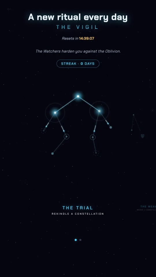 The Vigil — Lumira's daily challenge screen with two paths